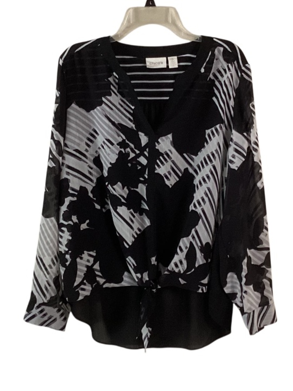 Chico’s Black & White Abstract Geometric Blouse with Tie Front XL